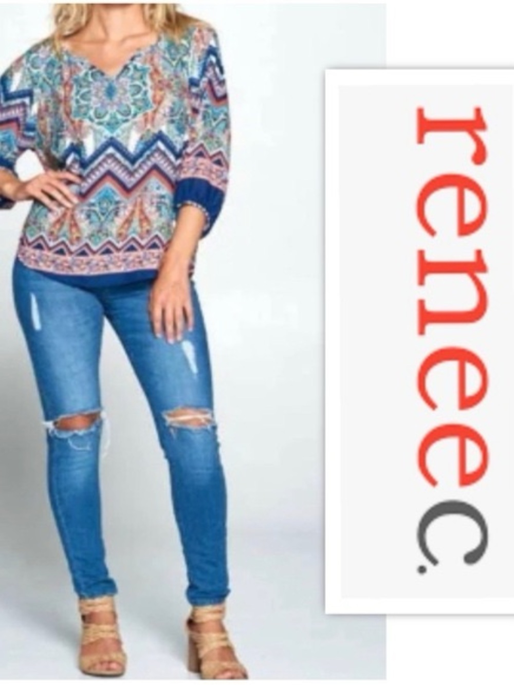 Renee C. Teal Navy Coral Printed V-Neck Boho Top
